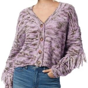 JESSICA SIMPSON Cropped Marled Purple Knit Button Front Cardigan Fringe